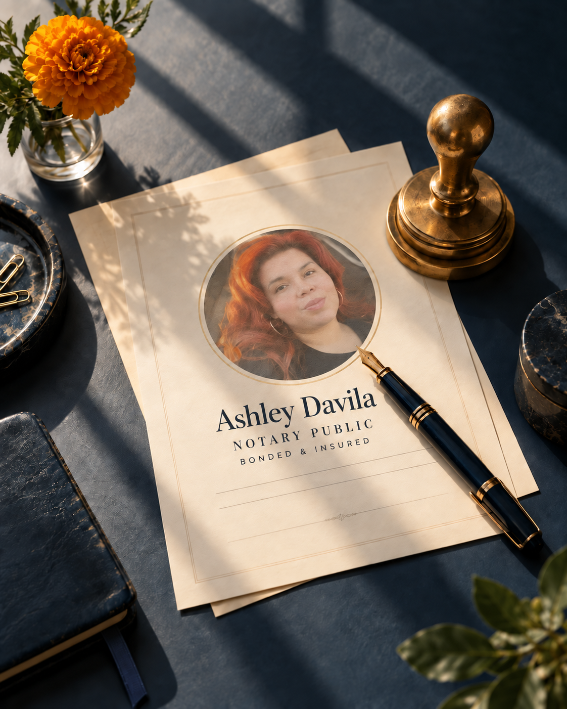 Ashley Davila’s portrait on stationery reading Ashley Davila, Notary Public, Bonded & Insured